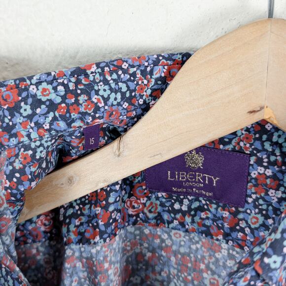 Liberty London Men's Button up Shirt Floral Print Blue multi sz 15 - Picture 6 of 8